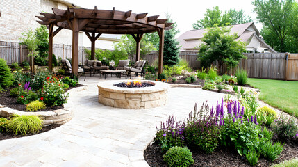 A backyard patio with a fire pit and a pergola