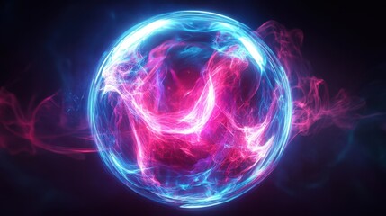 A futuristic abstract energy ball emitting glowing magical waves, set against a dark background, creating a neon-lit, mystical effect.