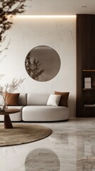 Soft curves and neutral tones create a tranquil atmosphere in this stylish living area, where a round mirror reflects a minimalist design ethos. Comfort meets elegance with carefully chosen decor