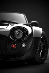 Fototapeta premium Close up view of a black sports car's front end, headlights, and tires against a dark background. The image features a low angle and dramatic lighting.