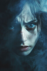 Fototapeta premium Mysterious young caucasian female with intense blue eyes in foggy atmosphere