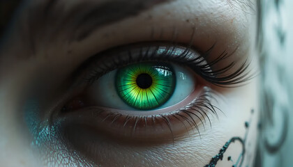 Ethereal Green Eye with Intricate Makeup and Subtle Tattoo