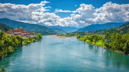 Fototapeta premium Bhutanese Monastery River Valley Scenic Landscape
