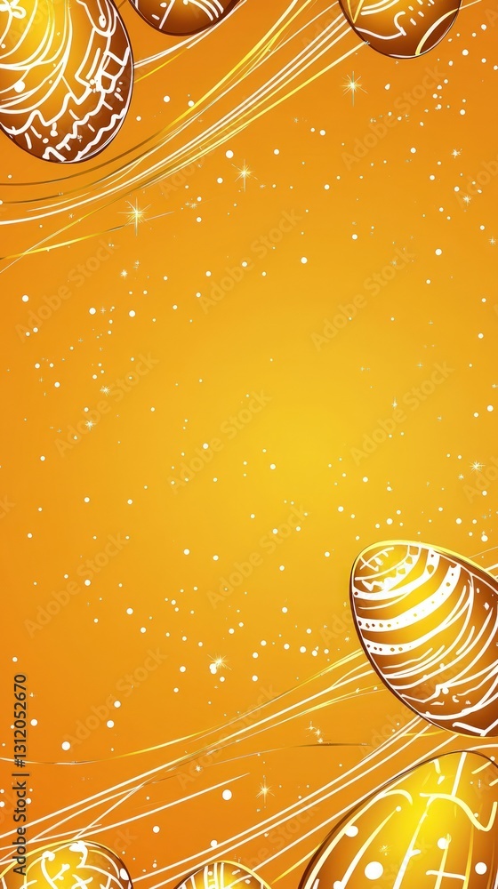 Poster golden easter eggs with white patterns on yellow background with white lines and sparkles