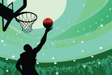 A dynamic image of a basketball player executing a powerful slam dunk, mid-air, showcasing athleticism and skill.  Focus on the player's form and the intensity of the moment.