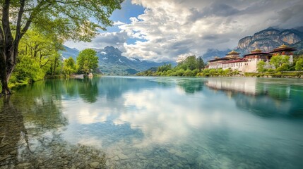 Obraz premium Serene river reflecting monastery, mountains, and clouds