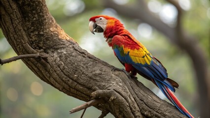 Fototapeta premium a vibrant scarlet macaw perched on a tree branch with colorful plumage, showcasing its stunning beauty 