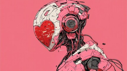 A futuristic illustration features a robot heart in a cyberpunk style, blending high-tech elements with romantic symbolism.
