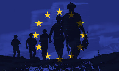 Silhouettes of soldiers march forward, framed by the European Union flag with its iconic circle of stars, symbolizing unity and strength in a modern EU army. 