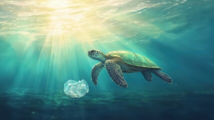 Obraz premium A translucent plastic bag gently floats on calm waters, its silhouette ethereal against the deep blue expanse below, hinting at nature's silent plea for attention amidst serene beauty
