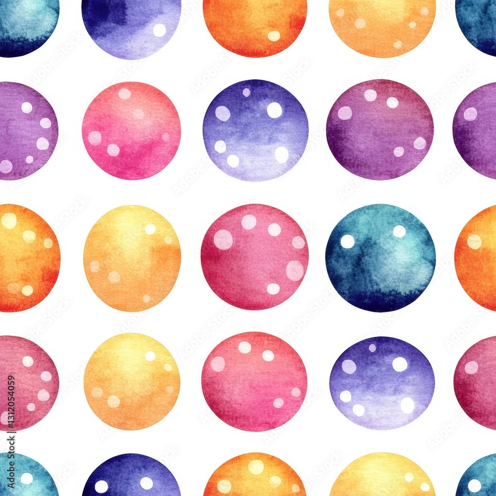 Poster seamless playful watercolor pattern featuring colorful circles in various sizes creating a fun and w