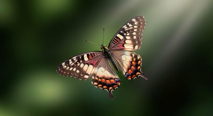 Fototapeta premium Stunning Close up of a Colorful Butterfly in Flight Against a Soft Green Background