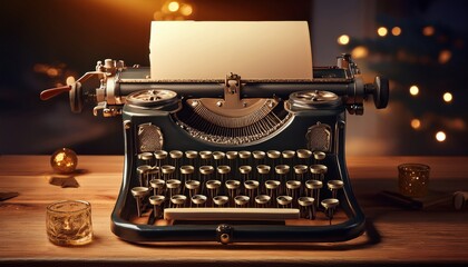 A vintage typewriter rests on a wooden table as soft lights glimmer warmly during twilight hours.