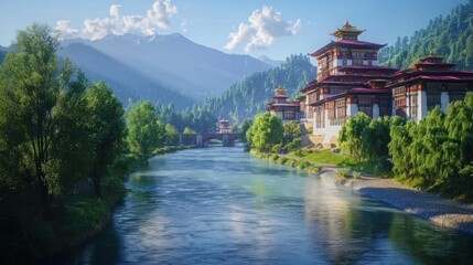 Obraz premium Bhutanese Monastery River Valley Sunrise