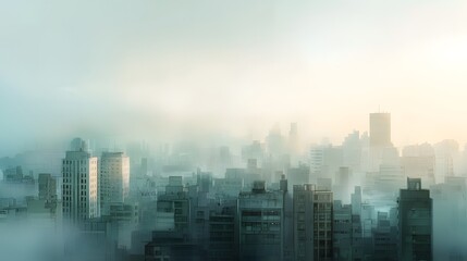 Misty Morning Cityscape with Skyscrapers and Soft Sunrise Light in Urban Environment