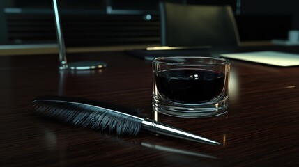 Naklejka premium Dark wood office desk, quill pen, wine glass, elegant background