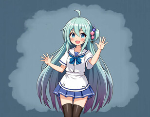 Anime girl character with long teal hair waving cheerfully in a whimsical background