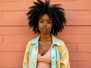 Stylish African American woman posing with a serious expression against a pastel pink wall