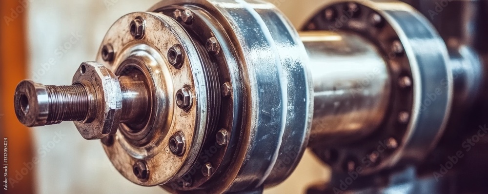 Aufkleber close up view of a metallic industrial component with circular elements, showing signs of wear and u