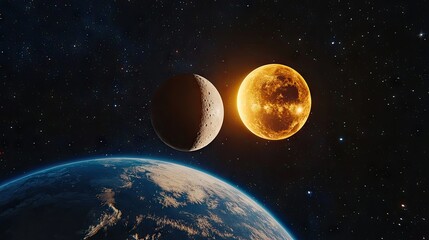 A mesmerizing cosmic scene of Earth and the Moon side by side, floating in the deep black of space