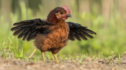 Young chicken spreading wings in field