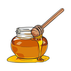 Illustration of a glass honey jar filled with golden honey, featuring a wooden honey dipper resting inside