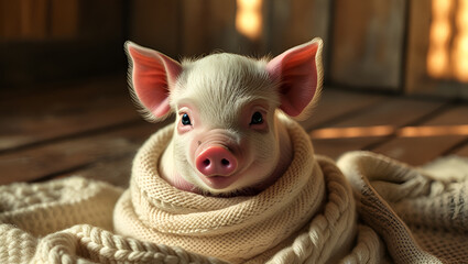 Snuggled Innocent Piglet in Cream Blanket