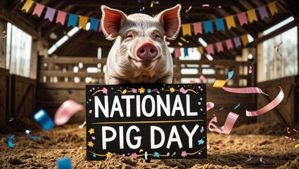 Smiling Pig Celebrating National Pig Day in Barn