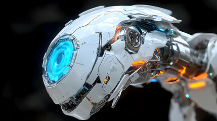 Fototapeta premium Close-Up of a Futuristic White Robot Head with Glowing Blue and Orange Details