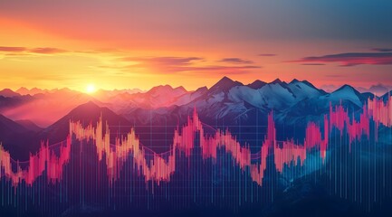 Stock Market Chart Overlayed on Mountain Landscape at Sunset