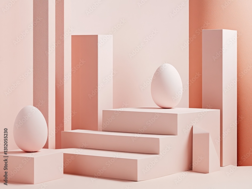 Aufkleber minimalist pink egg display on geometric platforms with textured background and soft lighting