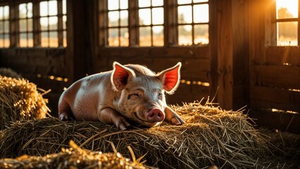 Cozy Rustic Pig Lying Peacefully in Barn