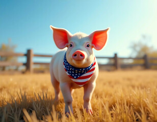 Patriotic Piglet with American Flag Bandana in Field