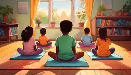 A group of kids sits on yoga mats, practicing mindfulness in a colorful room.