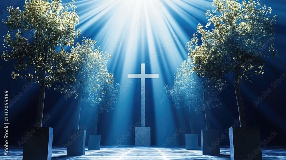 Poster a minimalist deep blue background with symmetrical small squares and cross elements