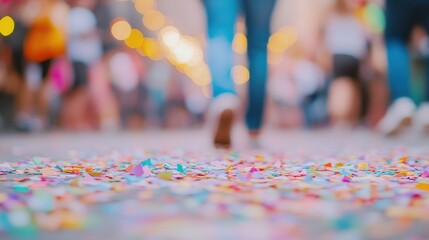 Festive street scene, colorful confetti