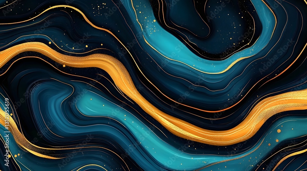 Aufkleber abstract blue and gold fluid art with dynamic swirls and patterns