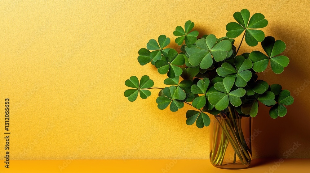 Poster a minimalistic composition featuring layered green shamrocks on a vivid yellow canvas