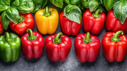 Vibrant red, yellow, and green bell peppers arranged on a dark gray background, accented with fresh basil leaves. A close up shot showcasing the peppers' texture and color.