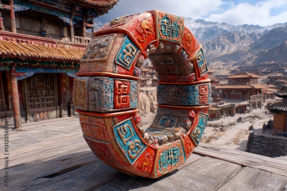 Poster ornate circular stone carving with colorful patterns and ancient characters, rests on a rooftop over
