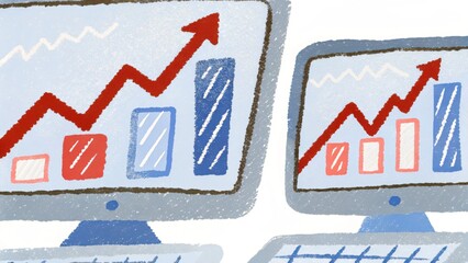 Two computers display upward-trending graphs, symbolizing growth and success in data analysis or financial performance.