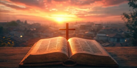 Sunset view of an open Bible with a cross, symbolizing faith and reflection in a tranquil landscape
