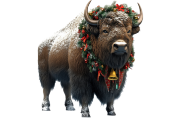 Buffalo wearing a festive Christmas wreath stands in a snowy landscape, showcasing holiday spirit in a winter setting