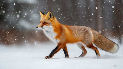 Obraz premium Fluffy red fox walking on white snow in winter forest on blurred background with snowy forest