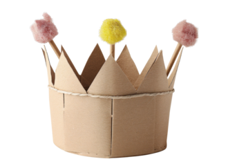 Creative cardboard crown decorated with colorful pom poms, perfect for kids' parties or playtime, capturing imagination and fun in a simple design