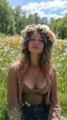 A woman dons a flower crown and poses in a sunlit meadow at a May Day festivity. Vertical.