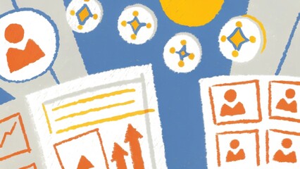 Fototapeta premium A colorful illustration featuring charts, profiles, and interconnected nodes, symbolizing data analysis and networking.