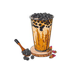 Illustration of a bubble tea drink in a clear plastic cup, featuring layers of milk tea and tapioca pearls