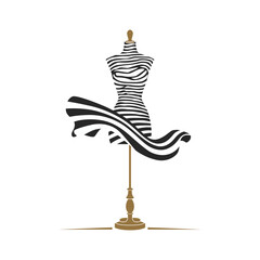 A stylized illustration of a mannequin showcasing a dress with a flowing, striped design