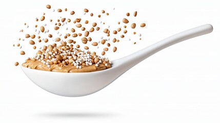 Peanut Butter roasted smooth. A spoon holds creamy peanut butter, with grains and seeds floating above, showcasing a dynamic food composition against a clean background.